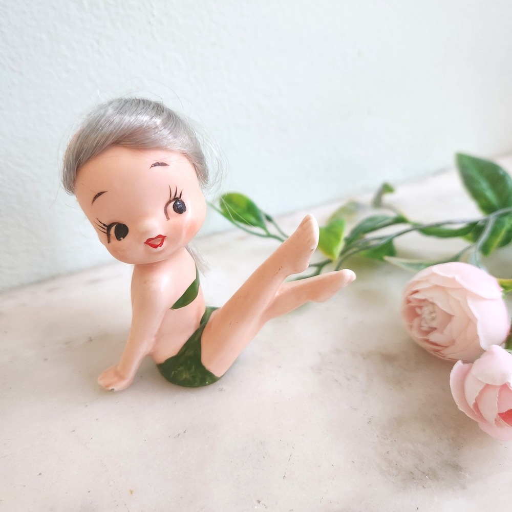 RARE Vintage Napco Bathing Beauty Figurine Green Bikini Grey‎ Hair Japan MCM